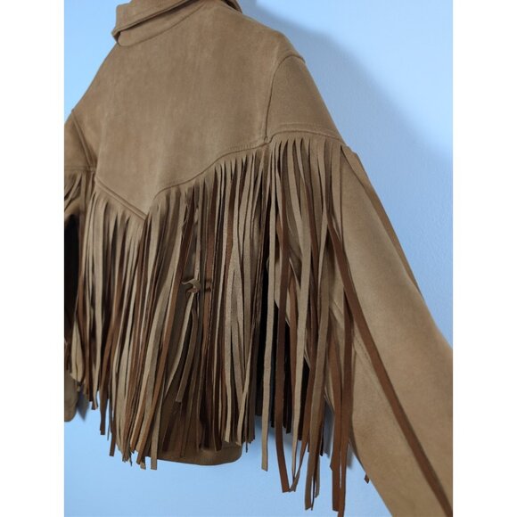 Nasty Gal Women's Camel Tan Fringe Faux Suede Jacket Western Cowgirl Size Small - Picture 10 of 16